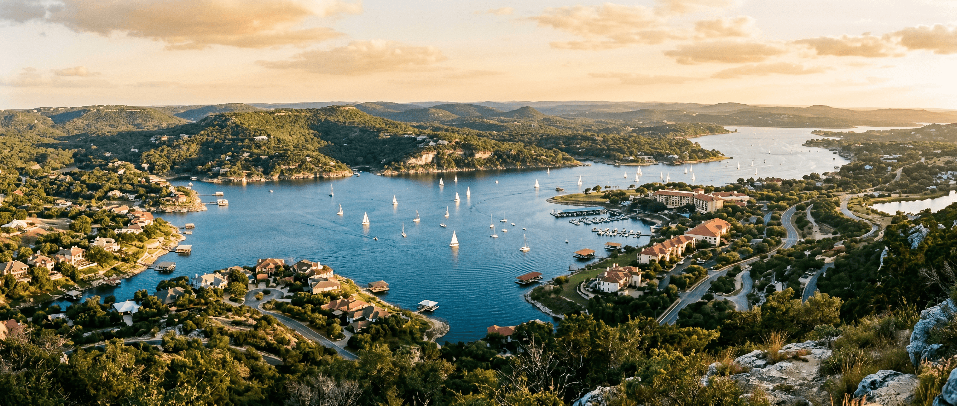 Panoramic view of Horseshoe Bay, Texas with Lake LBJ, rolling Hill Country hills, and limestone formations