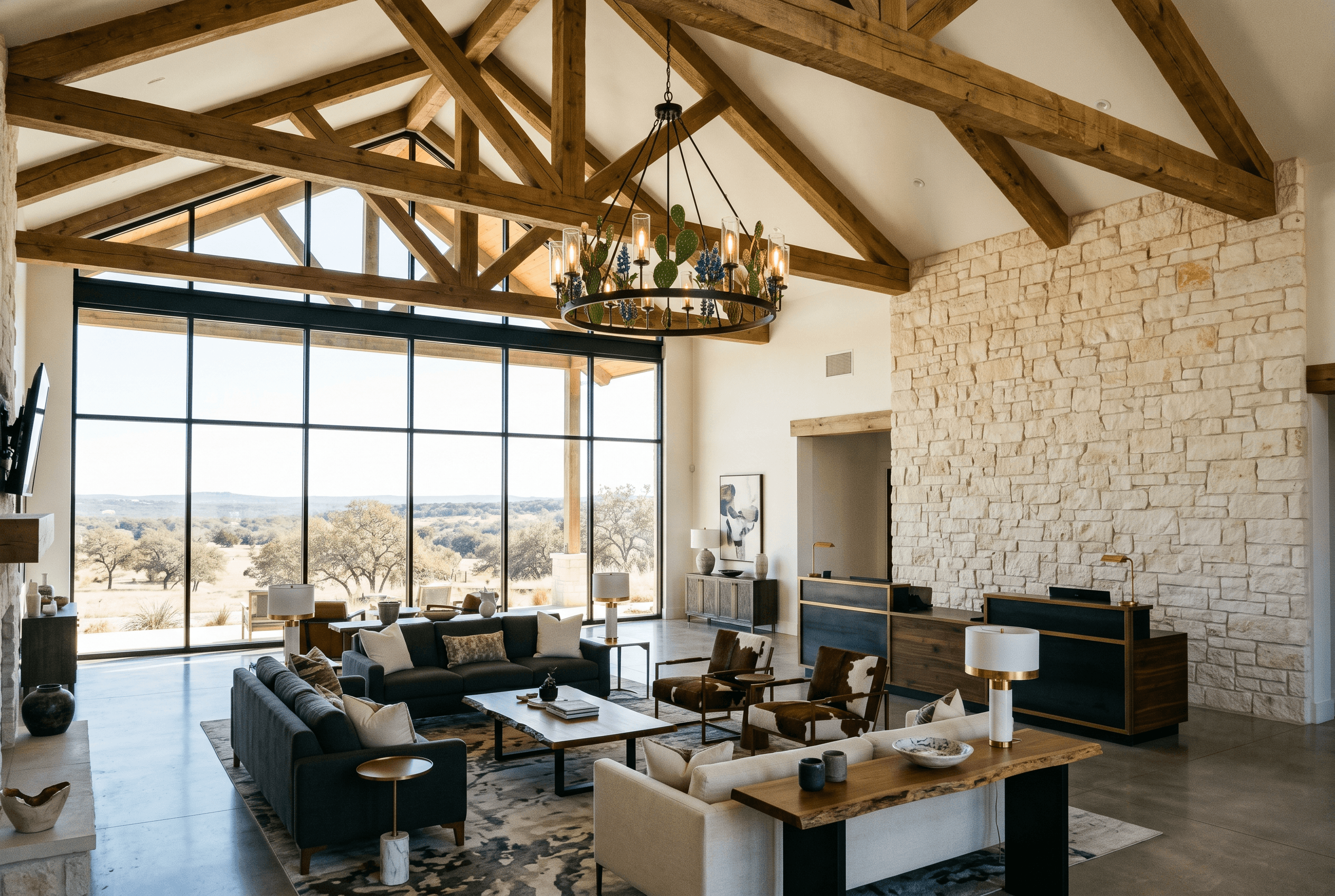 Luxury resort lobby with limestone walls, timber beams, and Hill Country views through floor-to-ceiling windows